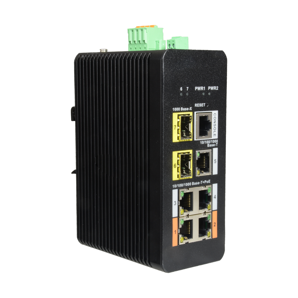 Switch PoE X-Security su Guida DIN - 5 porte PoE RJ45 + 2 porte SFP di fibra - Velocità 10/100/1000 Mbps - 90W porta 1-2 / 30W porta 3-5 / Massimo 120W - Hi-PoE / IEEE802.3at PoE+ / af PoE / IEEE802.3bt - VLAN/STP/RSTP/MSTP/LACP/StaticLAG/QoS/LoopDetect