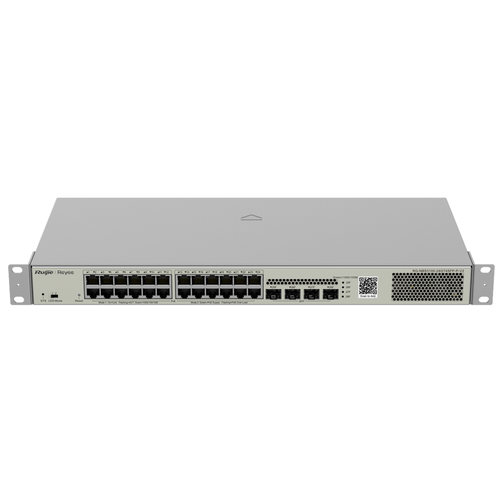 Reyee Switch PoE Cloud Layer 2 - 24 porte PoE Gigabit+ 4 SFP Gigabit - 30W per porta 802.3af/at / Massimo 370W - Static LAG/DHCP Snooping/IGMP Snooping/Port Mirroring - VLAN/Port Isolation/STP/RSTP/ACL/QoS/LACP/SNMP - Montaggio su rack