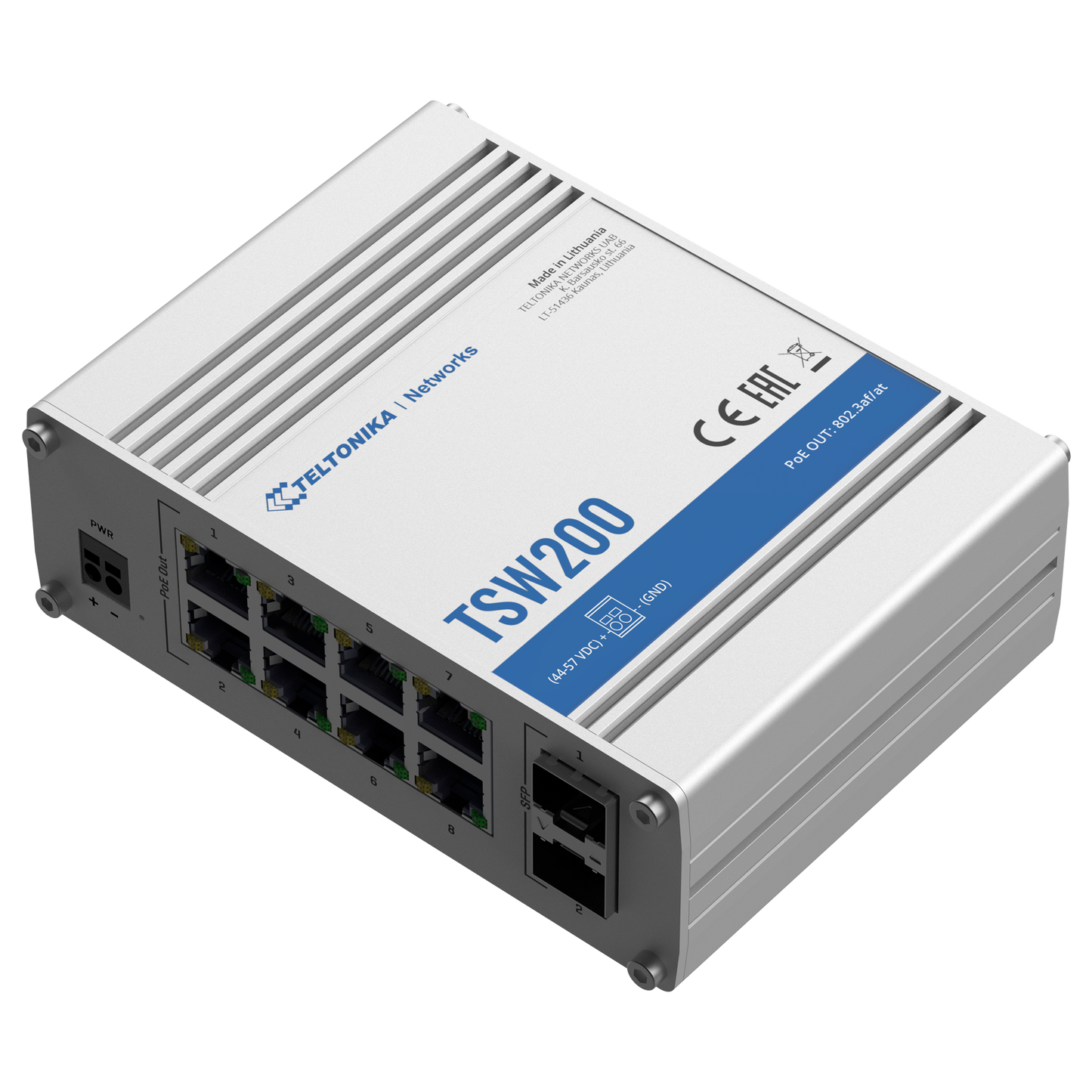 Teltonika Switch PoE Unmanaged Industriale - 8 porte Ethernet RJ45 Gigabit +2 SFP Gigabit - 8 Porte Ethernet PoE+ 802.3af/at - Fino a 30W per ogni Porta PoE - Fino a 240W di Potenza PoE - Robusto Alloggiamento in Alluminio