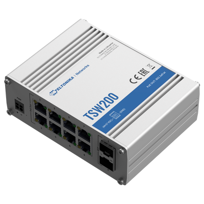 Teltonika Switch PoE Unmanaged Industriale - 8 porte Ethernet RJ45 Gigabit +2 SFP Gigabit - 8 Porte Ethernet PoE+ 802.3af/at - Fino a 30W per ogni Porta PoE - Fino a 240W di Potenza PoE - Robusto Alloggiamento in Alluminio
