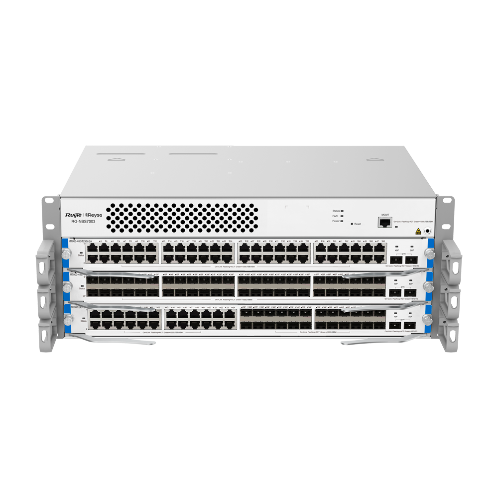 Reyee Switch Modular de Chasis L3 - 3 Slot de Expansión (Tamaño de 4U) - Hasta 144 puertos GE / 144 SFP GE / 48 SFP+ - Static LAG/DHCP Snoop/IGMP Snoop/Port Mirror - VLAN/Port Isolation/STP/RSTP/ACL/QoS/802.1X - Servidor DHCP/Rutas estáticas/RIP/OSPF/SNMP