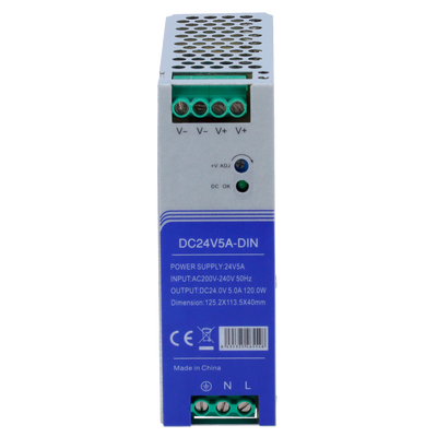 Fonte di alimentazione commutata - uscita DC 24 V 5 A / 120 W - 2 uscite - Voltaggio in entrata 100 V ~ 240 V - 123.5 (Al) x 41 (La) x 110.3 (Lu) mm - Montaggio su guida DIN