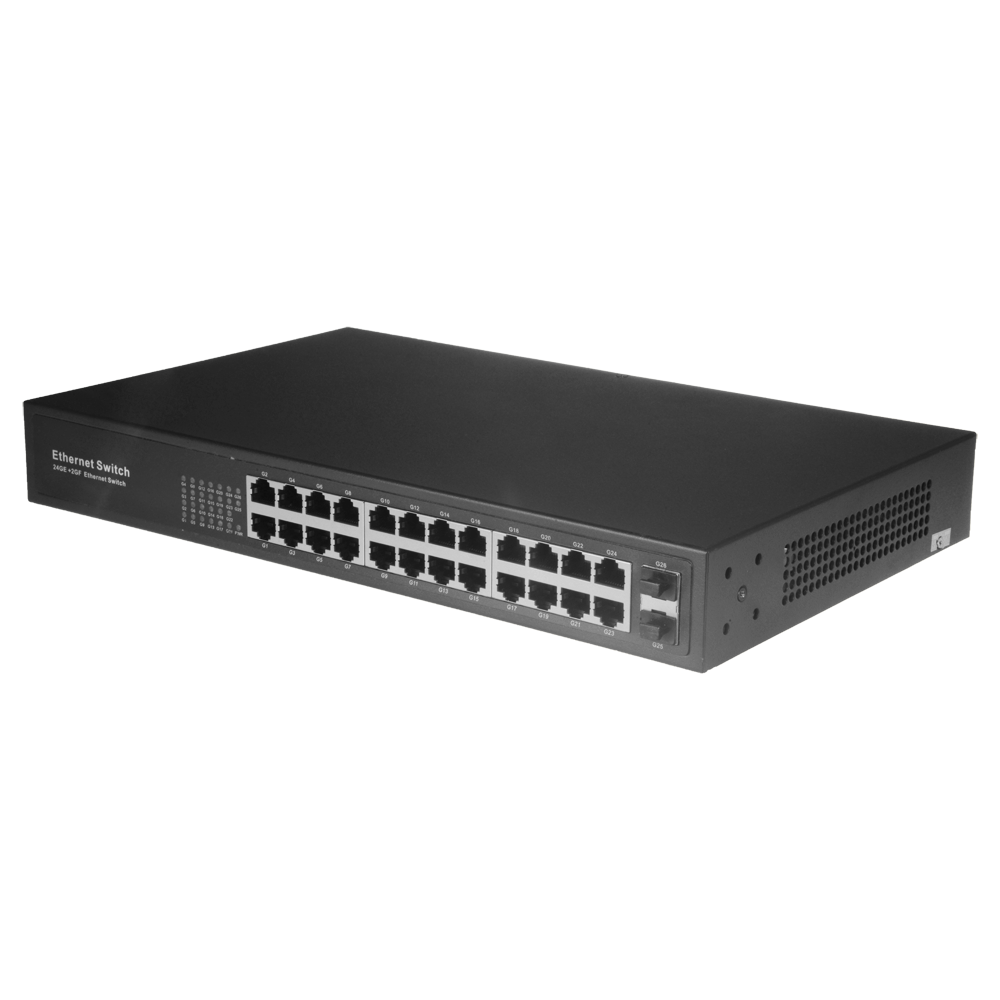 Switch - 24 puertos RJ45 + 2 SFP GIGA - Velocidad de puerto 10/100/1000 Mbps - Máximo 20W - Plug & Play - Tecnología de ahorro energético