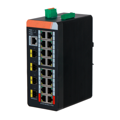 Switch PoE X-Security Carril DIN - 16 puertos PoE RJ45 + 4 puertos SFP - Velocidad 10/100/1000 Mbps - 90W puertos 1-2 / 30W puertos 3-8 / Máximo 120W - PoE/PoE+/Hi-PoE / Hasta 250m / PoE Watchdog - VLAN/STP/RSTP/ERPS/LACP/StaticLAG/IGMP Snooping