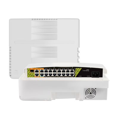 Switch PoE per esterni - 16 porte PoE + 2 Uplink RJ45 + 1 SFP - Velocità Gigabit (2 PoE + 2 Uplink + 1 SFP) - Fino a 300 W - Standard IEEE802.3at PoE+ / af PoE / bt Hi-PoE - Protezione dai Fulmini 6KV, ESD 8KV, IP65