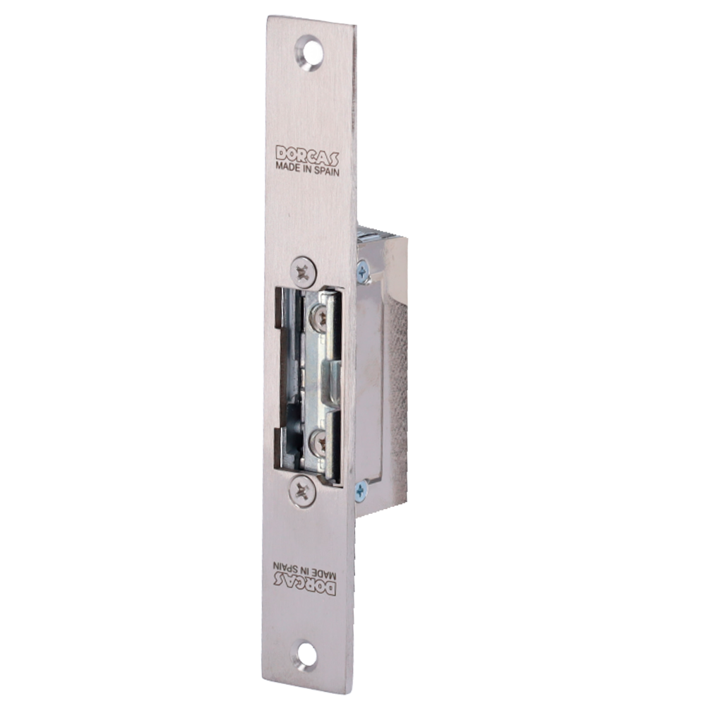 Apriporta elettrico Dorcas - Per porta singola | Scrocco radiale regolabile - Modo apertura Fail Safe (NC) - Forza di ritenzione 330 kg | Anteriore senza taglio - Alimentazione DC 12V - Montaggio a incasso