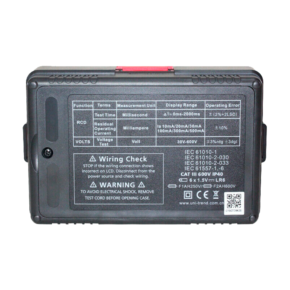 Circuit breaker tripping time tester - LCD display up to 1000 counts - Compatible with 195V~253V single phase circuits - AC voltage measurement up to 600V - 0º and 180º phase selector - Auto shut off