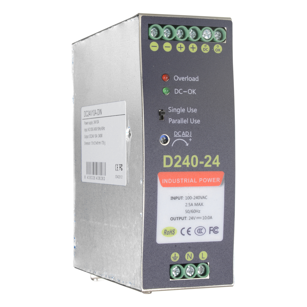 Fonte di alimentazione commutata - uscita DC 24 V 10 A / 240 W - 2 uscite - Voltaggio in entrata 90 V ~ 264 V - 100 (Fo) x 94 (Al) x 40 (An) mm - Montaggio su guida DIN