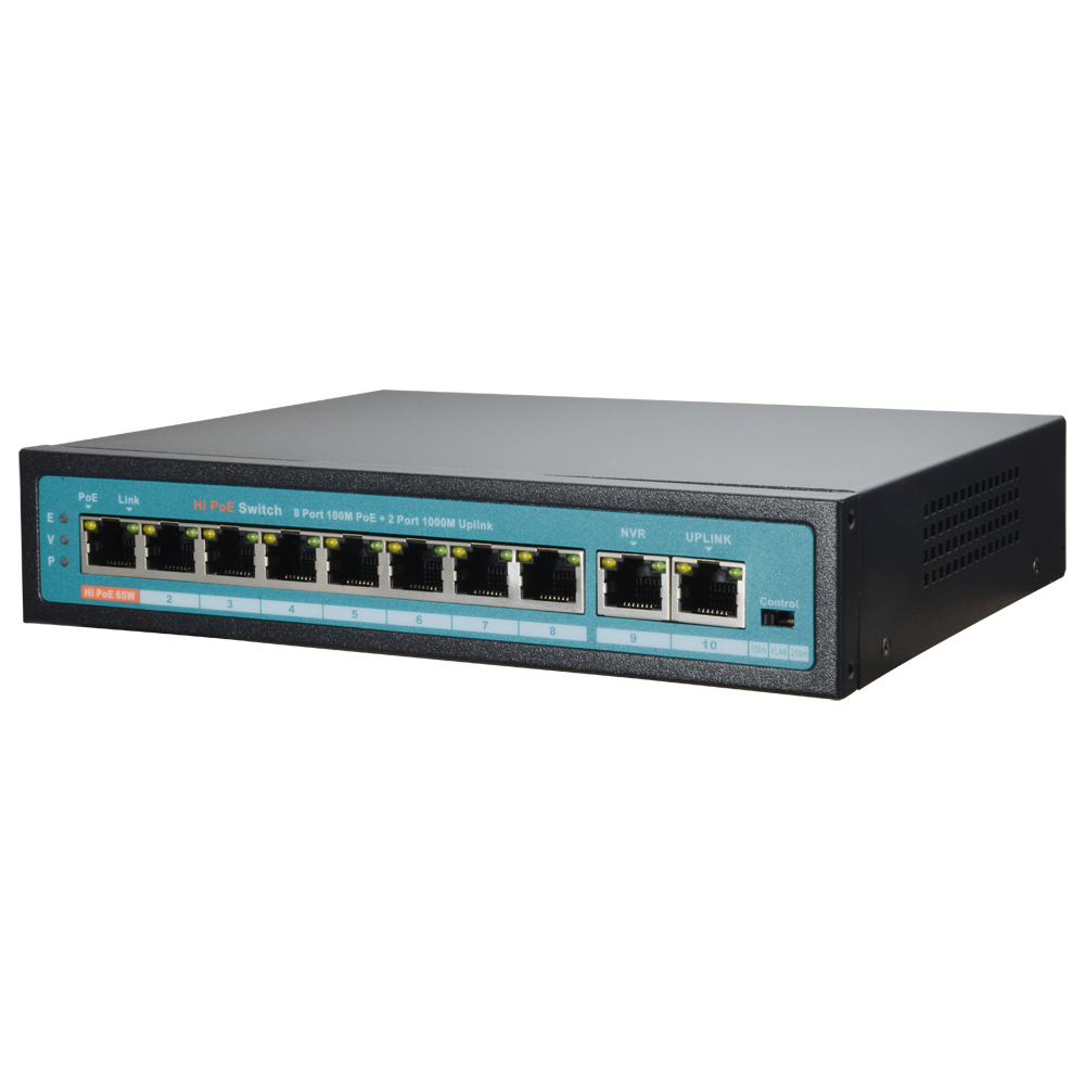 Switch PoE - 8 porte PoE + 2 Uplink GIGA - Velocità della porta 10/100 Mbps - 65W porta 1 / 30W porta 2-8 / Massimo 144W - Modo TVCC fino a 250m a 10Mbps - Hi-PoE / IEEE802.3at (PoE+) / af (PoE+)