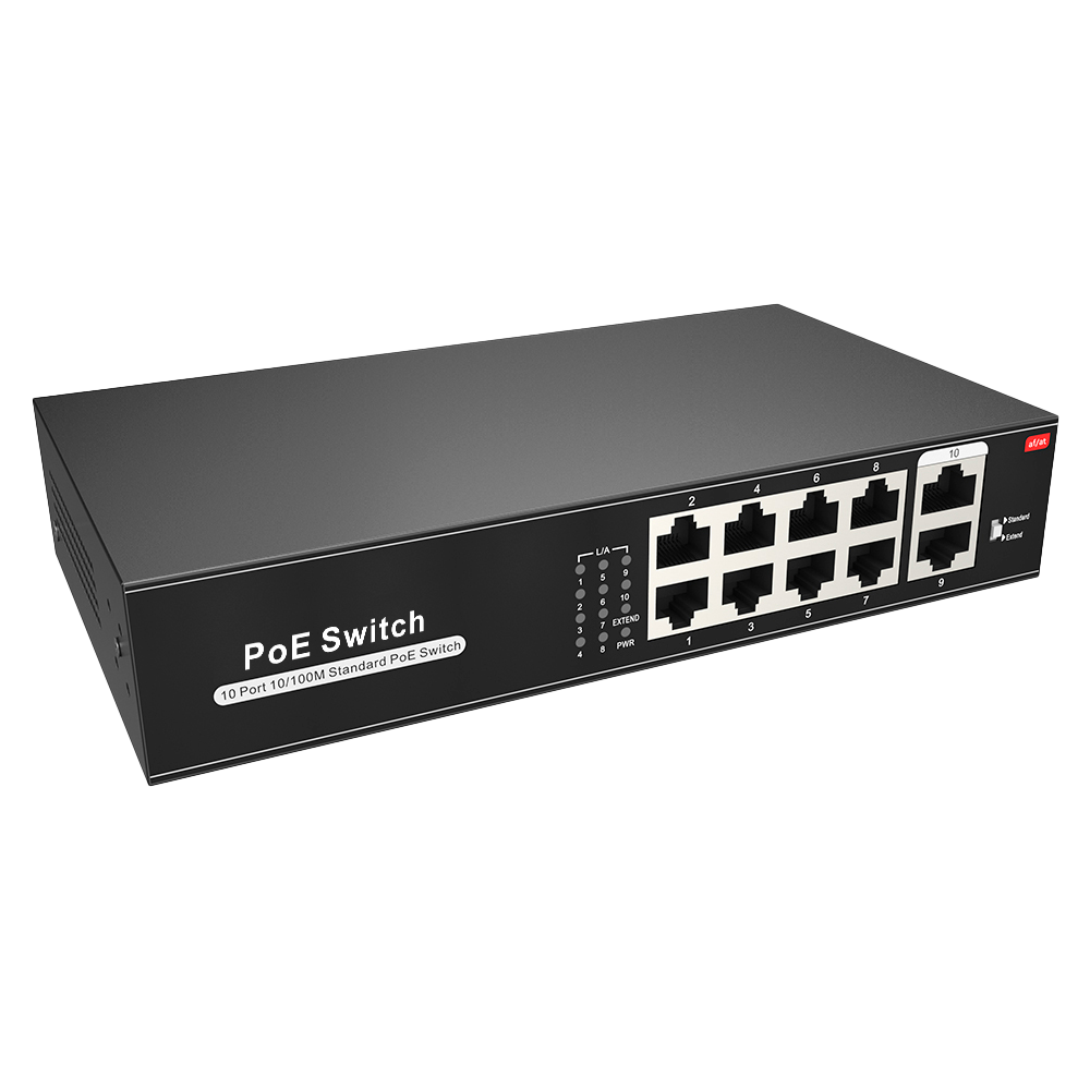 Switch PoE - 8 porte PoE + 2 Uplink RJ45 - Velocità 10/100 Mbps - Funzioni: Ai VLan/QOS/CCTV Extend/PoE - Standard IEEE802.3af (PoE) / a (PoE+) - Fino 100W in totale per tutte le porte