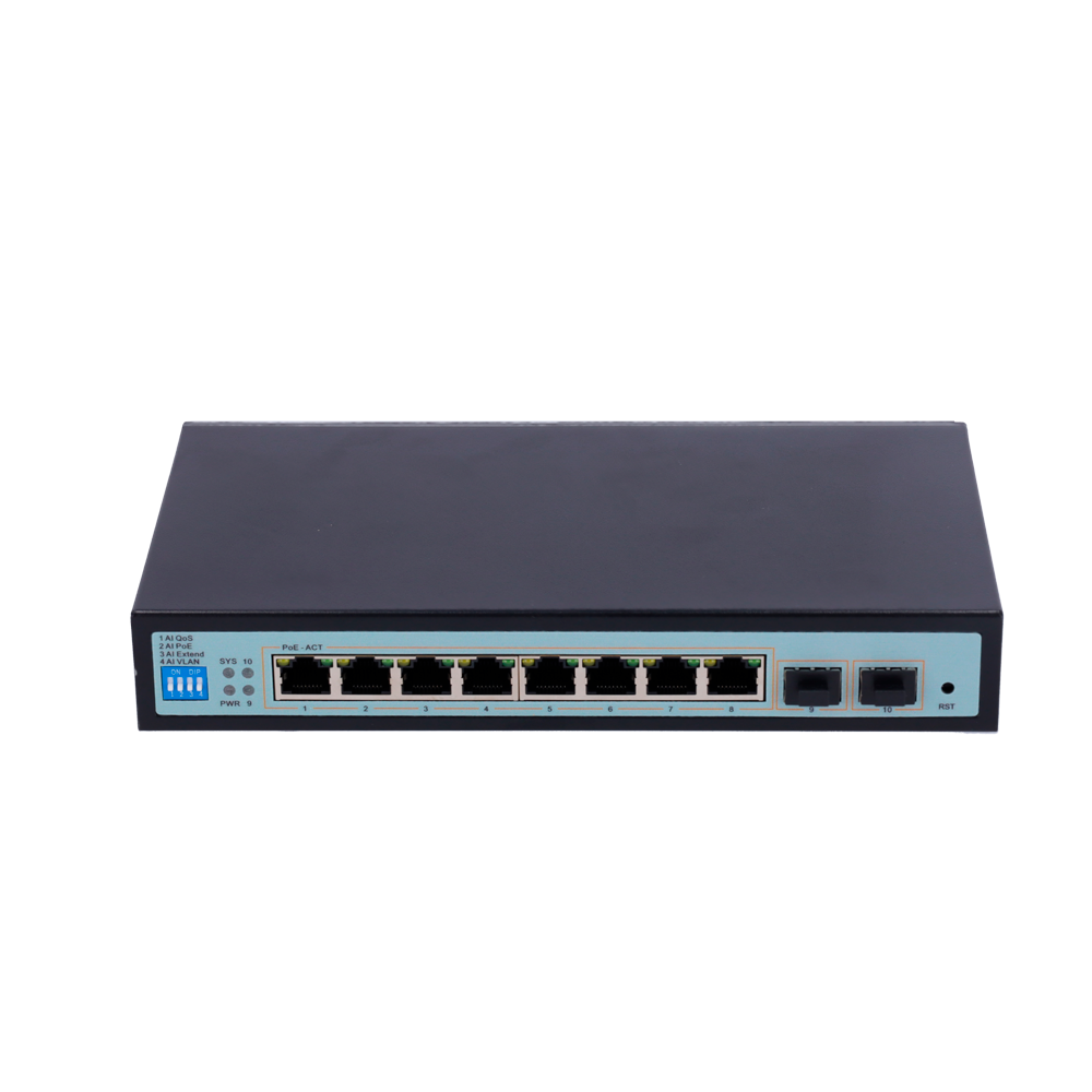 Switch PoE - 8 porte PoE Gigabit + 2 SFP Gigabit - 30 W per porta / Massimo 96W - 1 Porta Hi-PoE fino a 46W - VLAN/Port Isolation/STP/RSTP/MSTP/ACL/QoS - LACP/DHCP Snooping/IGMP Snooping/Port Mirroring