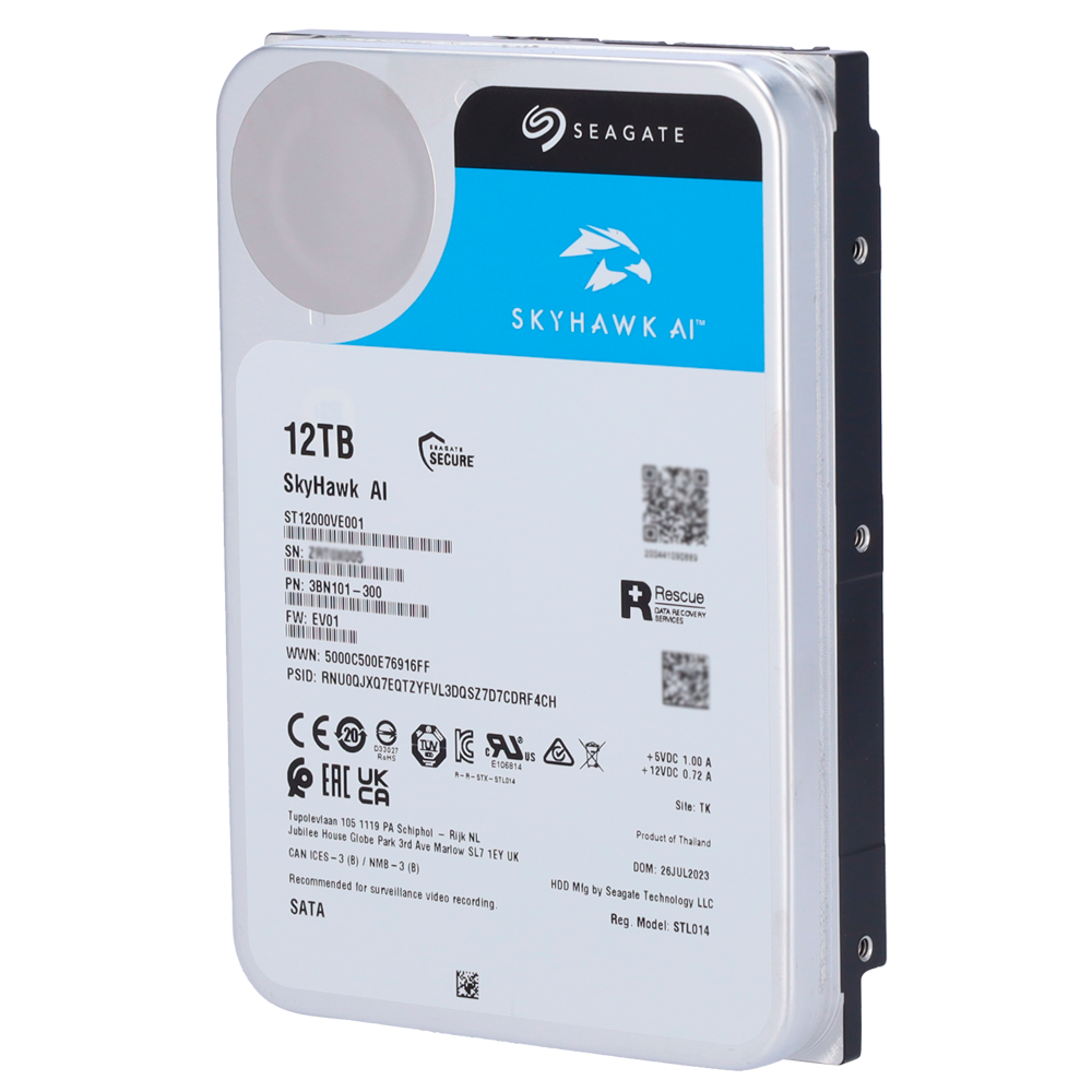 Hard Disk Seagate Skyhawk AI - Capacità 12 TB - Interfaccia SATA 6 GB/s - Fino a 32 trasmissioni di intelligenza artificiale - Modello ST12000VE001 - Speciale per videoregistratore di rete (NVR)