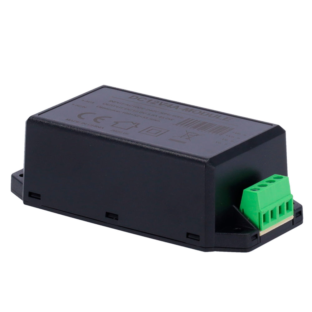 Adattatore di Alimentazione - Uscita DC 12 V 3.8 A - Ingresso AC100-240 V 50/60 HZ - 109 x 52 x 33.5 mm - Protezione: Sovraccarico/Sovratensione - Colore nero
