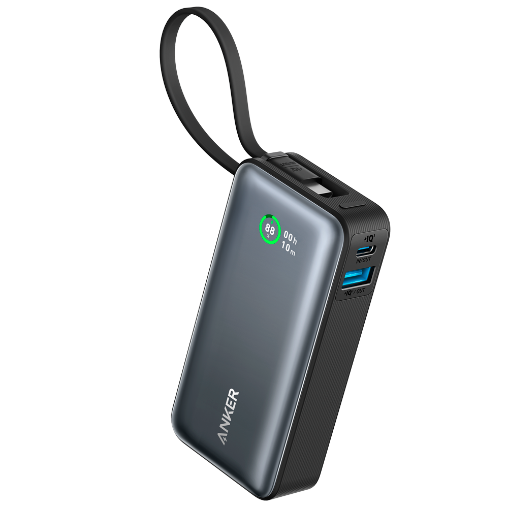 Anker Power bank con pantalla - Capacidad 10000mAh - Entradas cable integrado, Puerto USB-C - Salidas cable integrado, USB-C, USB-A - Cable integrado: USB-C - Carga rápida | 3 dispositivos a la vez