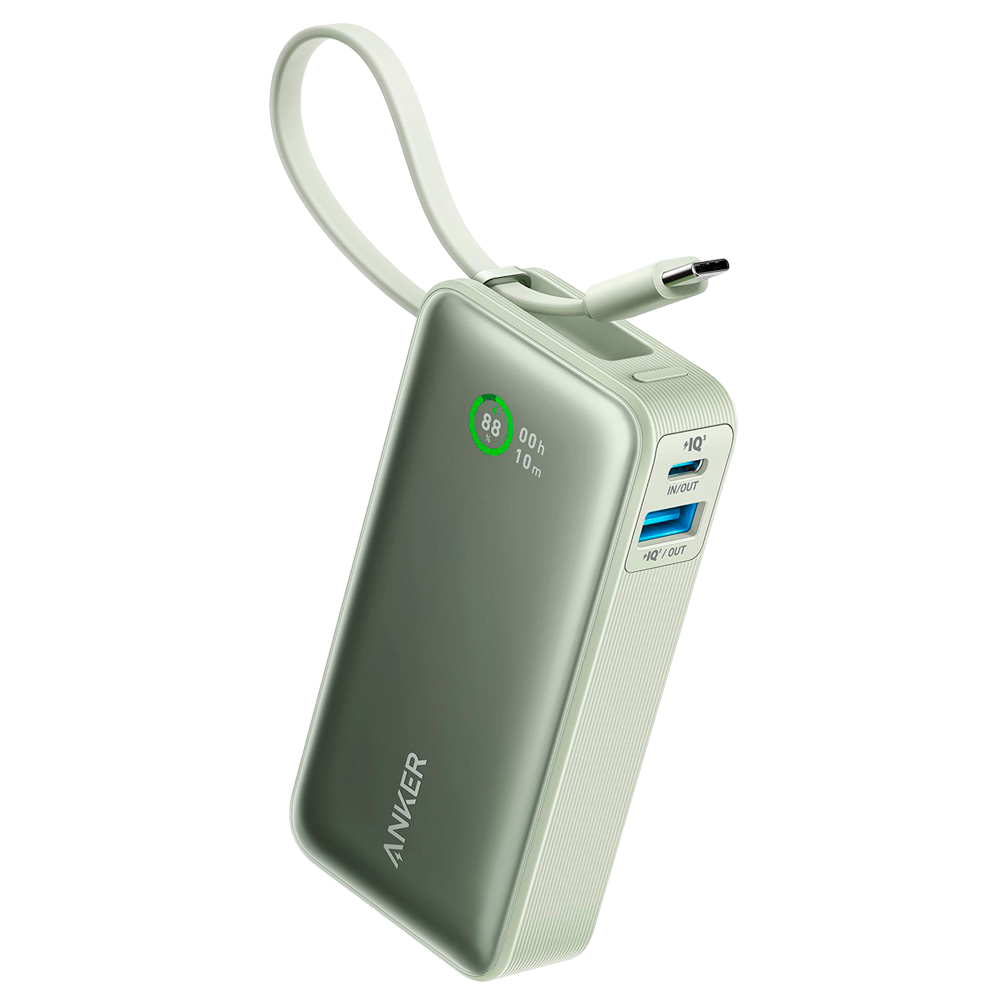 Anker Power Bank con pantalla LCD - Capacidad 10000mAh - Entrada 1x USB-C y cable USB-C - Salidas USB-A, USB-C y cable USB-C - Carga 3 dispositivos a la vez - Color verde | Carga rápida 30W