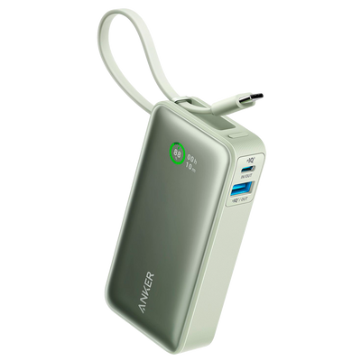 Anker Power Bank con pantalla LCD - Capacidad 10000mAh  - Entrada 1x USB-C y cable USB-C - Salidas USB-A, USB-C y cable USB-C - Carga 3 dispositivos a la vez - Color verde | Carga rápida 30W