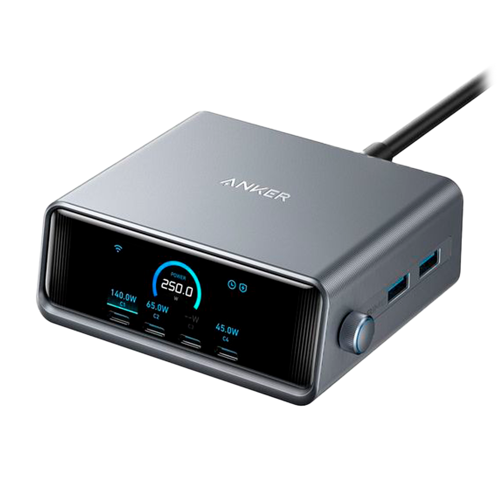 Anker - Caricabatterie da tavolo - Potenza 250W - Uscite 4x USB-C, 2x USB-A - Carica 4 dispositivi contemporaneamente - Schermo LCD | Tecnologia GaNPrime