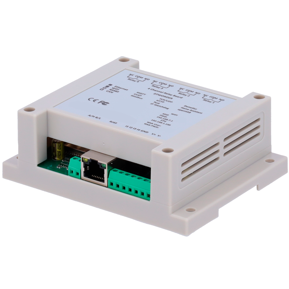 Modulo di acquisizione e controllo dati - 4 ingressi digitali / 4 uscite relè (NA/NC) - Protocolli: Modbus/TCP, TCP/IP, UDP, HTTP,... - Server web integrato - 1 porta Ethernet 10/100 Base-TX, 1 porta WiFi - Alimentatore non incluso (12VDC/1A)