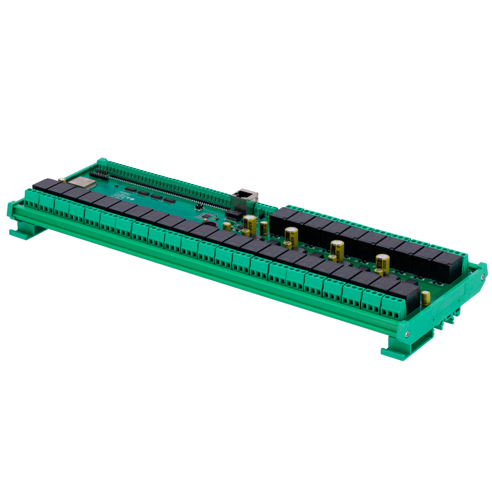Módulo de adquisición y control de datos - 32 entradas digit. / 32 salidas de relé (NA/NC) - Protocolos: Modbus/TCP, TCP/IP, UDP, HTTP,... - Servidor web integrado - 1 puerto Ethernet 10/100 Base-TX, 1 puerto WiFi - No incluye alimentador (12VDC/1A)
