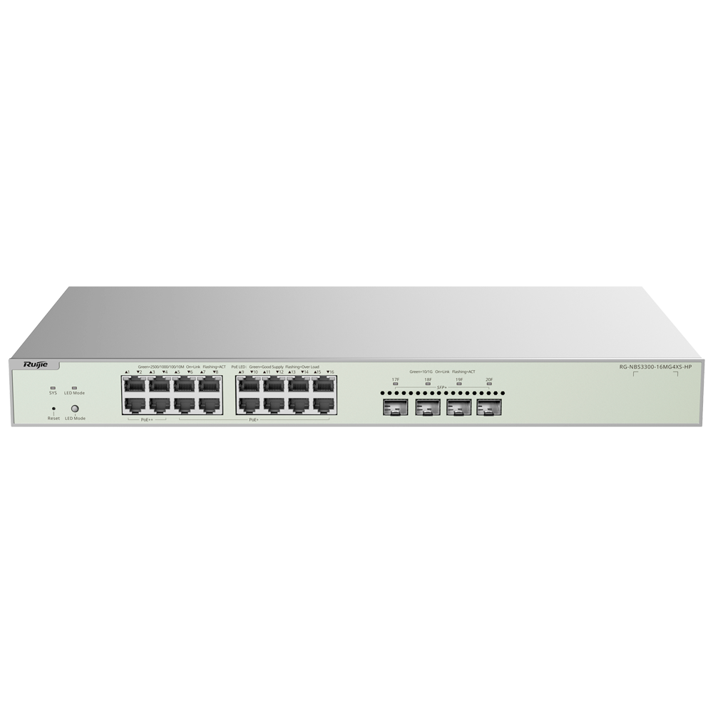 Reyee Switch PoE Cloud Capa 2 - 16 puertos PoE MultiGigabit+ 4 10Gbps SFP+ -  PoE 802.3af/at/bt hasta 90w / Máximo 370W - Static LAG/DHCP Snoop/IGMP Snoop/Port Mirror - VLAN/Port Isolation/STP/RSTP/ACL/QoS - Enrackable