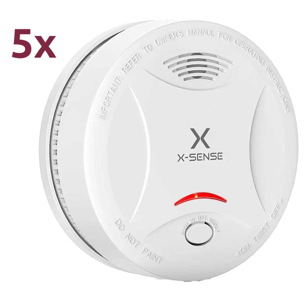 Pack de 5 detectores de humo autónomo X-Sense - Duración de la batería 10 años (no reemplazable) - Indicador luminoso de alarma - Alarma sonora 85 dB a 3m - Botón de Test - Certificado EN 14604