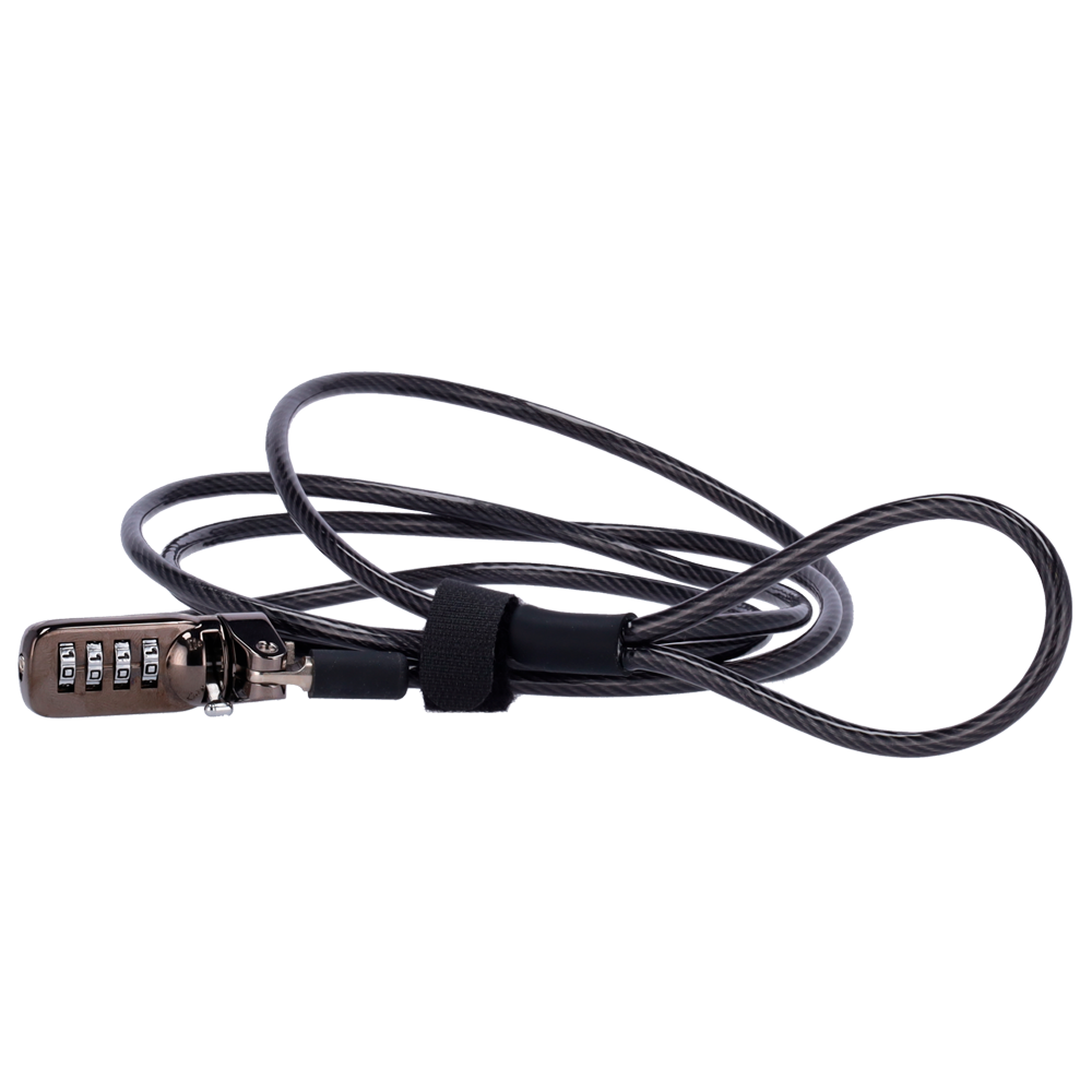 Cordón antihurto EAS - Apto para portátiles - Apertura con código de 4 dígitos - Dimensiones cerradura: 5 (An) x 7 (Al) mm - Longitud cordón: 200 mm - Fabricado en acero y aluminio