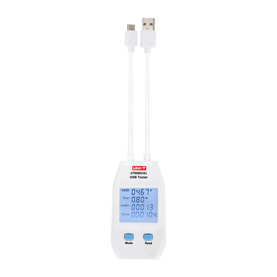 Medidor dual de corriente y tensión UNI-T - Sencilla conexión USB Tipo A y tipo C - Permite conocer la tensión y la corriente del dispositivo alimentado - Tensión de entrada 4~24V DC - Corriente máxima 5A - Pantalla de visualización LCD