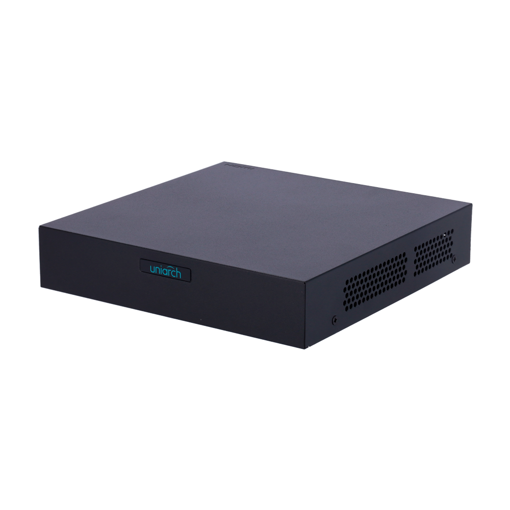 Videoregistratore NVR Uniarch - 4 CH video / 4 CH PoE - Larghezza di banda 64Mbps - HDMI Full HD e VGA simultanei - Risoluzione massima 6 Mp - Supporta 1 hard disk. 6 Tb