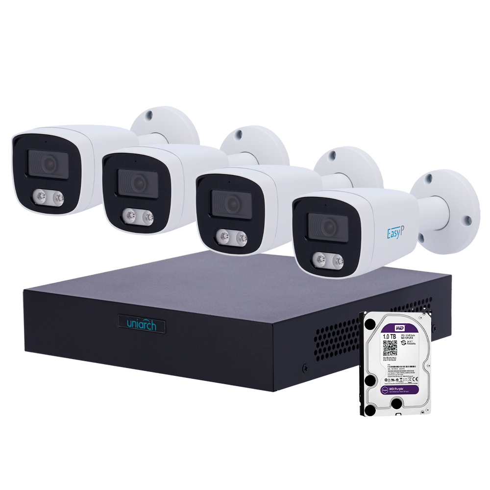 Kit de Videovigilancia Uniarch - NVR 8 canales IP | 1 TB HDD - 4 Cámaras bullet IP67 - Plug & Play | UMD | PoE - Detección Humanos y Vehículos - Interfaz WEB, CMS, Smartphone y NVR