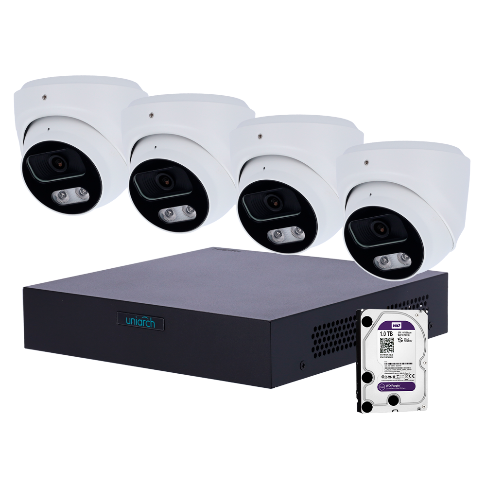Kit de Videovigilancia Uniarch - NVR 8 canales IP | 1 TB HDD - 4 Cámaras Turret IP67 - Plug & Play | UMD | PoE - Detección Humanos y Vehículos - Interfaz WEB, CMS, Smartphone y NVR