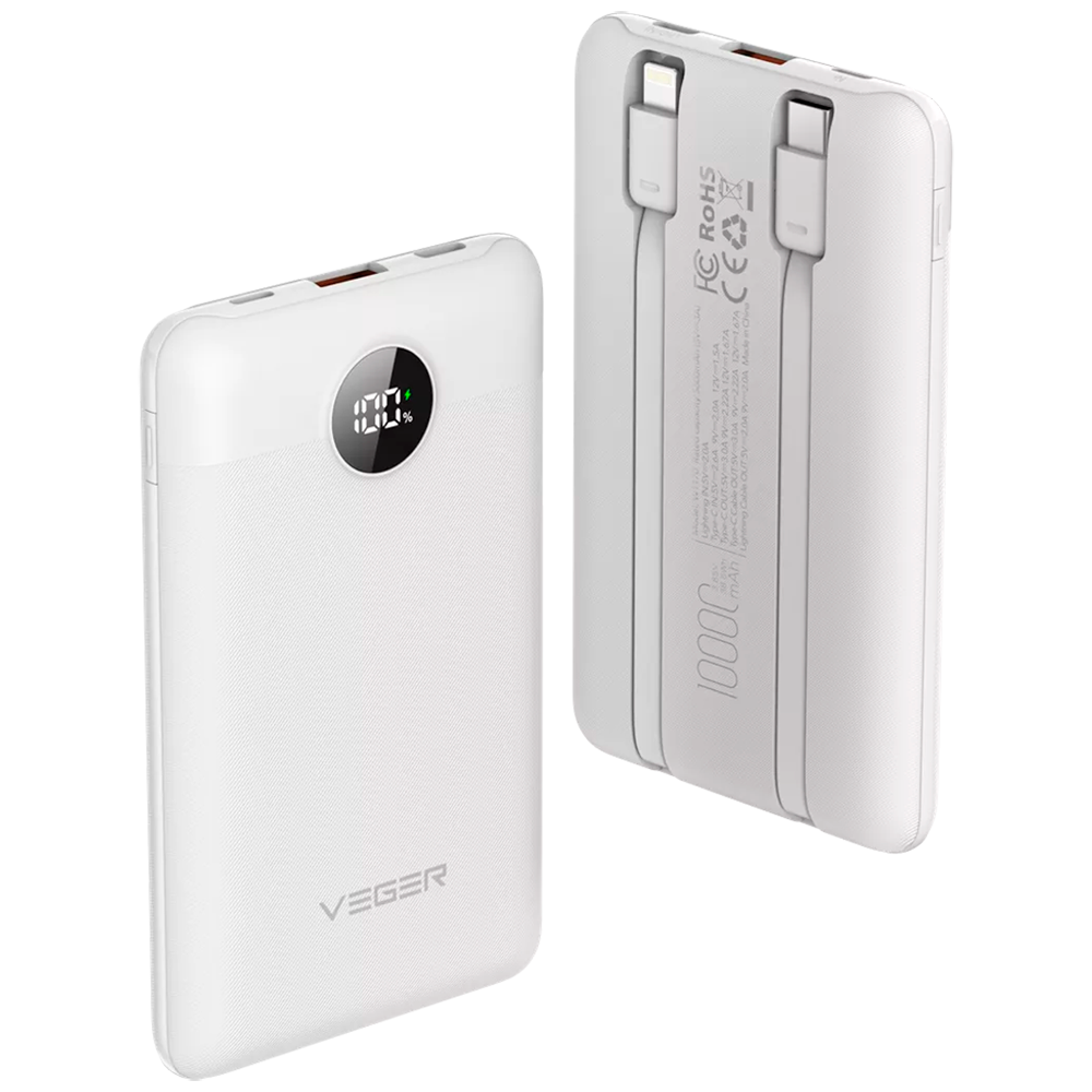 VEGER Power bank con display LCD - Capacità 10000mAh - Ingressi Lightning, USB-C, Cavo USB-C - Uscite USB-A, USB-C e cavi integrati - Cavi integrati: USB-C e Lightning - Ricarica rapida | 3 dispositivi contemporaneamente