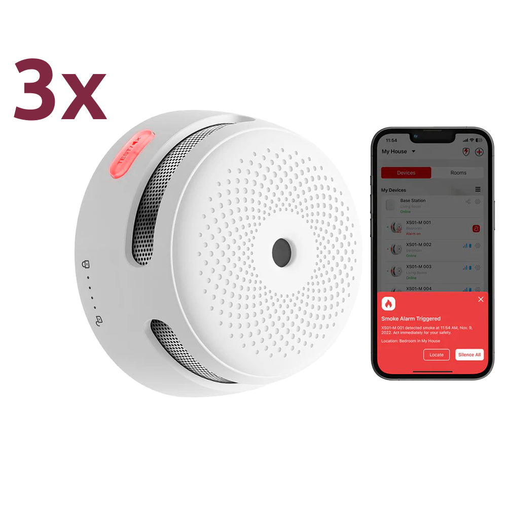 Pack de 3 mini detector de humo autónomo X-Sense - Conexión con HUB SBS50 para comunicación por APP - Permite conectar 50 detectores en la misma red - Duración de la batería 5 años (reemplazable) - Alarma sonora 85 dB a 3m - Certificado EN 14604