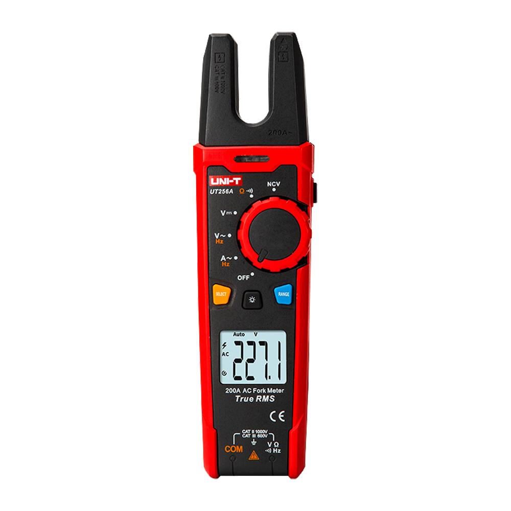 Fork clamp meter - LCD display up to 6000 counts - AC intensity measurement up to 200A - DC and AC voltage measurement up to 1000V - High AC precision with True RMS function - Resistance and frequency measurement | F