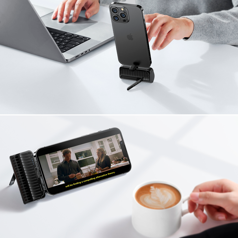 VEGER - Mini Power bank con indicatore di ricarica a LED - Capacità 5000mAh - Ricarica veloce PD20W - Ingresso USB-C, Uscita connettore Lightning - Carica 1 dispositivo | Supporto pieghevole