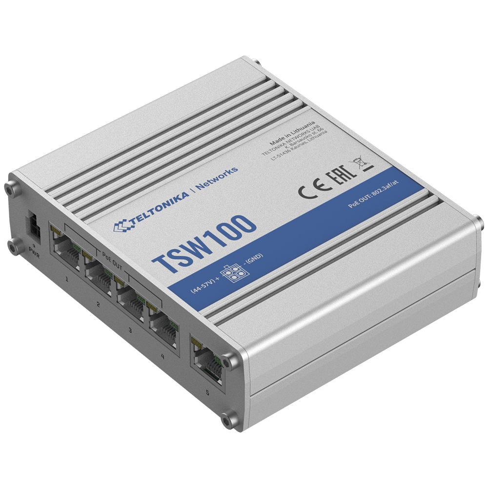 Teltonika Switch PoE Unmanaged Industriale - 5 porte Ethernet RJ45 Gigabit - 4 Porte Ethernet PoE+ 802.3af/at - Fino a 30W per ogni Porta PoE - Fino a 120W di Potenza PoE - Robusto Alloggiamento in Alluminio