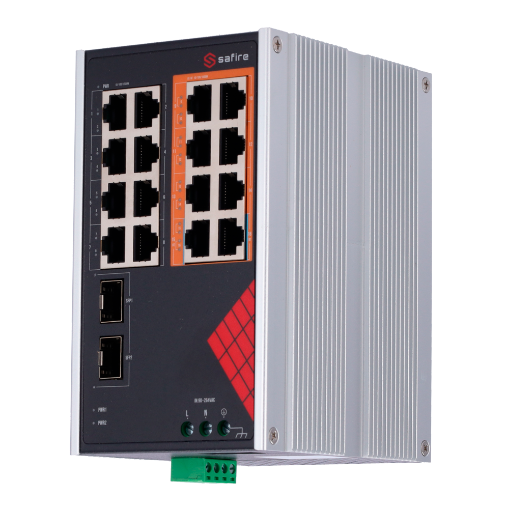 Safire Switch Industrial Alimentación AC 90~264V - 16 puertos Gigabit + 2 SFP Gigabit - 6 Puertos PoE+ 30W + 2 Puertos Hi-PoE 60W - PoE Watchdog - Hasta 130W Potencia PoE total - Instalación carril DIN
