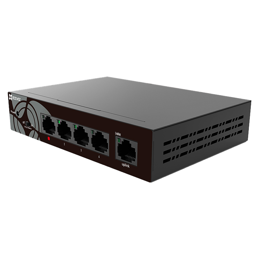 Switch PoE Ezviz - 4 porte PoE + 1 Uplink RJ45 - Velocità fino a 1000 Mbps su tutte le porte - Fino 50W in totale per tutte le porte - Modalità Estesa, fino a 250m di portata - Norma IEEE802.3at (PoE) / af (PoE+)