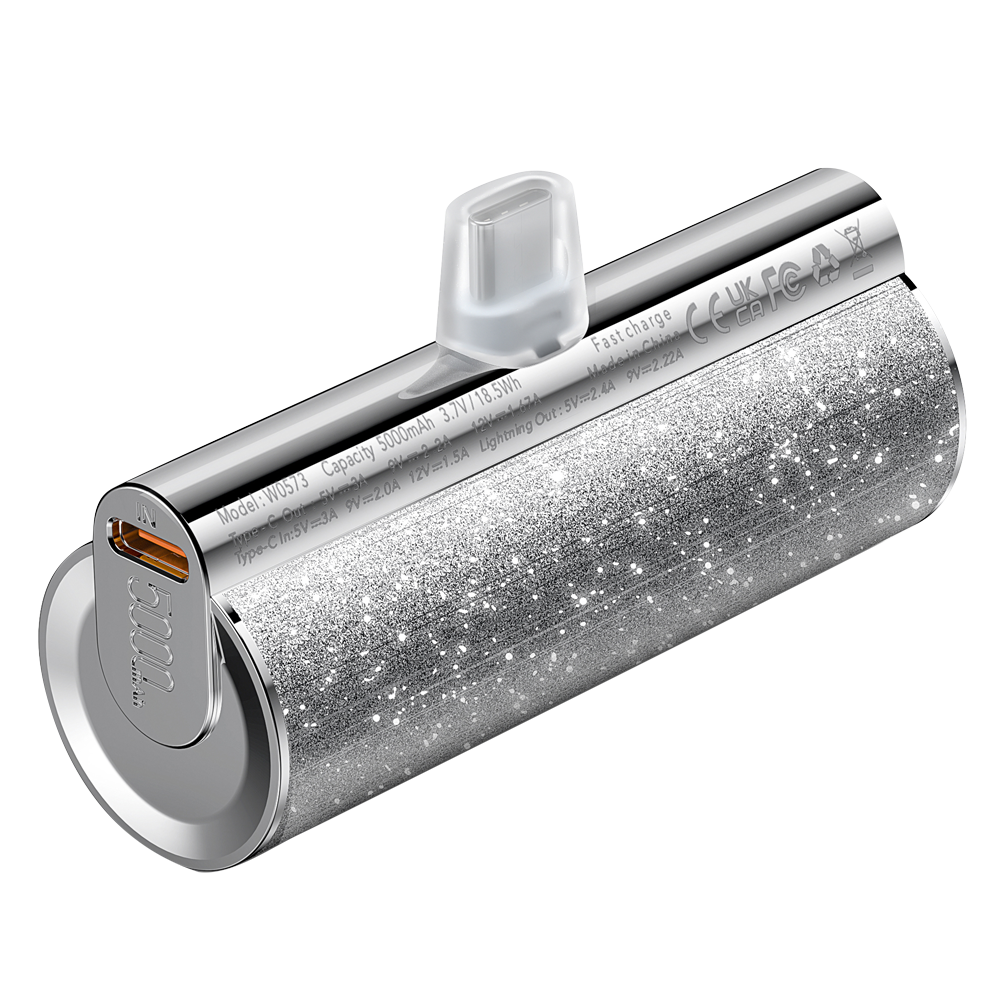 VEGER - Mini Power bank con LEDs de carga - Capacidad 5000mAh - Entrada USB-C, Salidas conector lightning, USB-C - Carga 1 dispositivo - Color Plateado