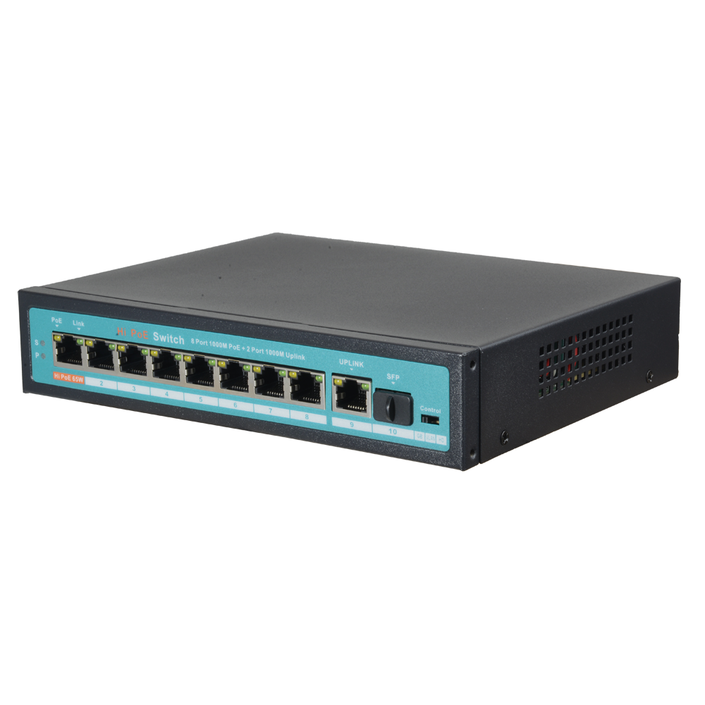 Switch PoE - 8 porte PoE + 1 Uplink + 1 SFP GIGA - Velocità della porta 10/100/1000 Mbps - 65W porta 1 / 30W porta 2-8 / Massimo 120W - La modalità HD ottimizza la trasmissione CCTV - Hi-PoE / IEEE802.3at (PoE+) / af (PoE)