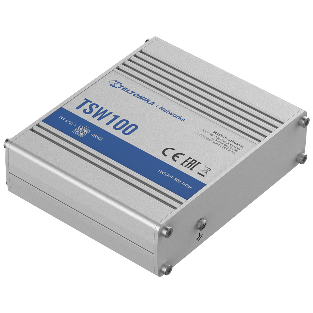 Teltonika Switch PoE Unmanaged Industriale - 5 porte Ethernet RJ45 Gigabit - 4 Porte Ethernet PoE+ 802.3af/at - Fino a 30W per ogni Porta PoE - Fino a 120W di Potenza PoE - Robusto Alloggiamento in Alluminio