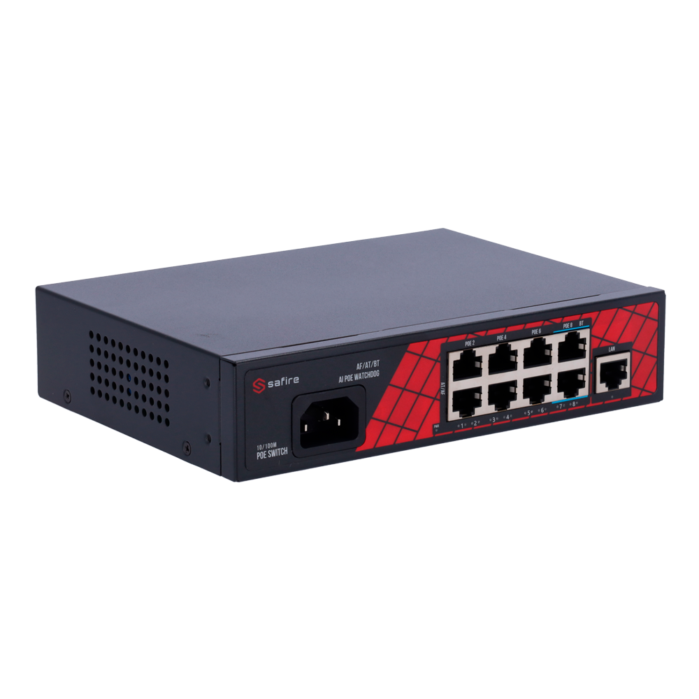 Safire Switch Hi-PoE - 8 puertos PoE + 1 Uplink RJ45 - Velocidad de puertos 10/100Mbps - 6 Puertos PoE+ 30W + 2 Puertos Hi-PoE 60W - Potencia PoE total de 120W - PoE Watchdog / Auto PoE Extendido Hasta 250m