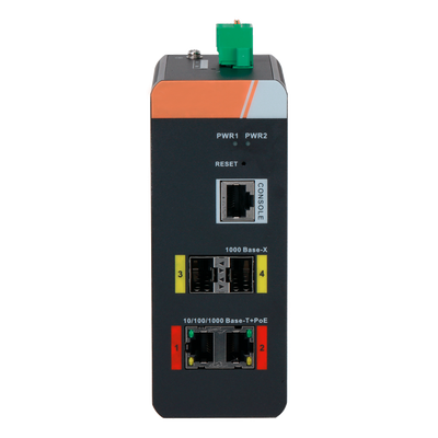 Switch PoE X-Security Carril DIN - 2 puertos PoE RJ45 + 2 SFP - Velocidad 10/100/1000 Mbps - 90W puertos 1-2 / Potencia Total Máxima 120W - PoE / PoE+ / Hi-PoE / Hasta 250m / PoE Watchdog - VLAN/STP/RSTP/ERPS/LACP/StaticLAG/IGMP Snooping