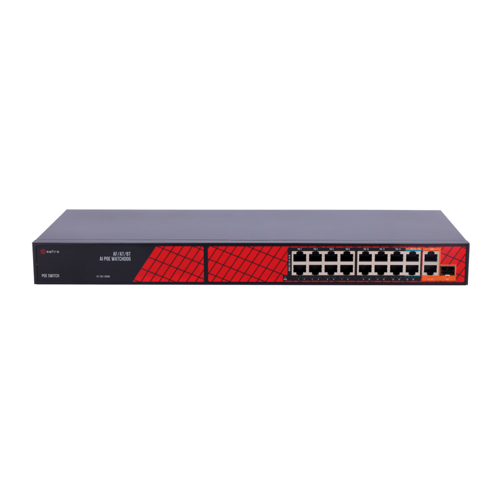 Safire Hi-PoE Switch - 16 PoE Ports + 2 RJ45 Uplinks + 2 SFP Uplinks - Hybrid 15x10/100Mbps + 4x10/100/1000Mbps - 14 PoE+ 30W Ports + 2 Hi-PoE 60W Ports - PoE Watchdog / PoE Extended - Maximum 300W Power PoE total