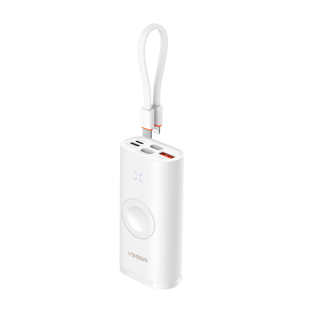VEGER - Mini Power Bank con LEDs de carga - Capacidad 10000mAh - Carga rápida 25W - Entradas USB-C,Lightning / USB-A,C, Inalámbrica - Carga 3 dispositivos a la vez
