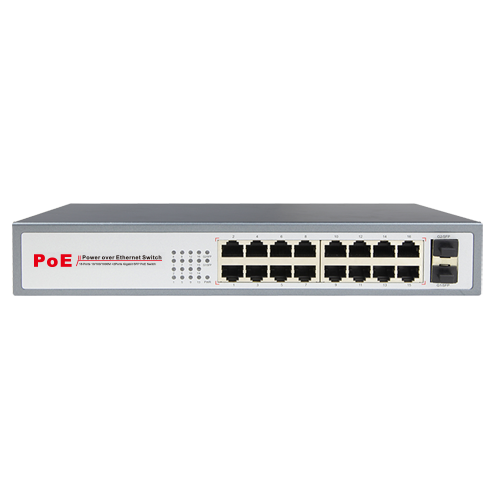 Switch PoE Gigabit - 16 porte PoE + 2 porte SFP - Velocità 10/100/1000 Mbps - Potenza 30 W per porta - Potenza massima totale 200 W - Norma IEEE802.3at (PoE) / af (PoE+)