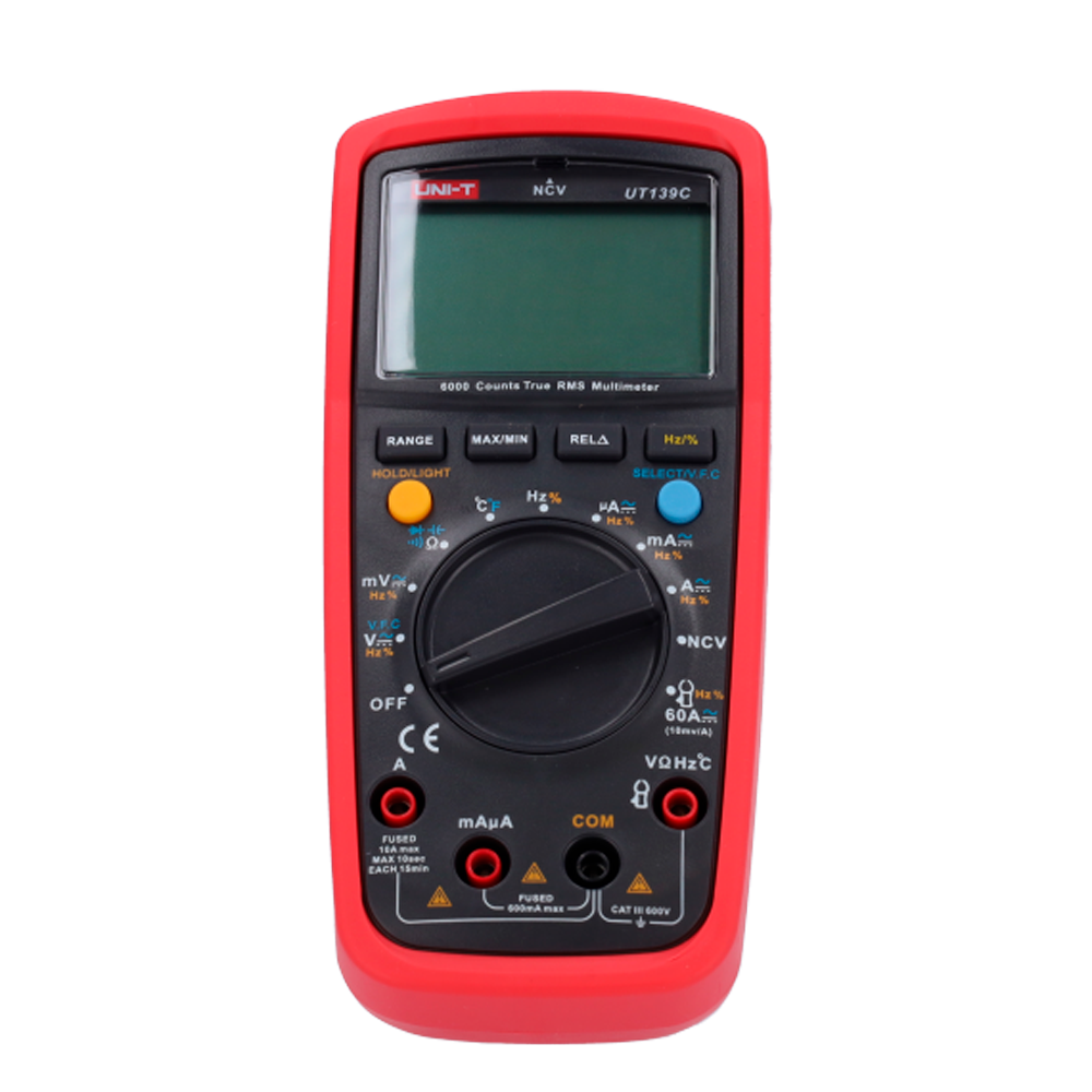 Multímetro digital CAT III - Pantalla LED hasta 6000 cuentas - Medición de voltaje DC y AC hasta 600V - Medición de intensidad DC y AC hasta 10A - Alta precisión AC con función True RMS - Medición de resistencia, capacitancia y frecuencia