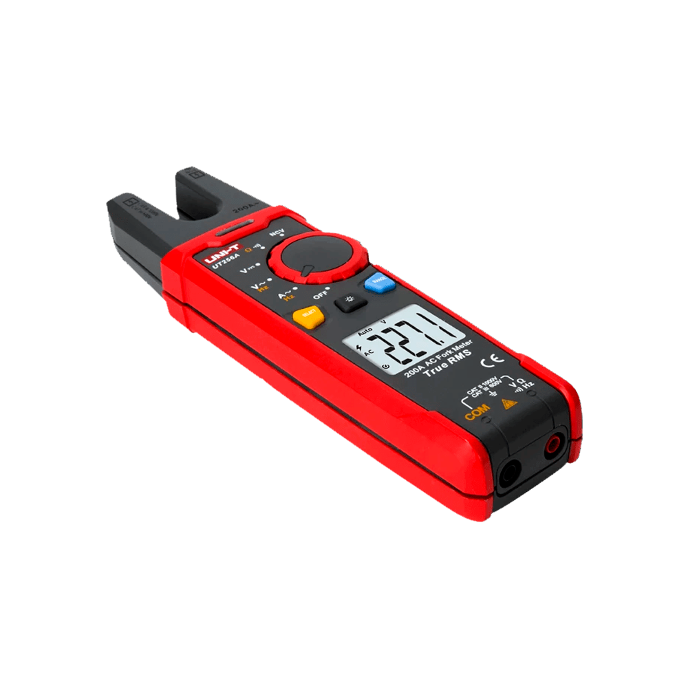 Fork clamp meter - LCD display up to 6000 counts - AC intensity measurement up to 200A - DC and AC voltage measurement up to 1000V - High AC precision with True RMS function - Resistance and frequency measurement | F