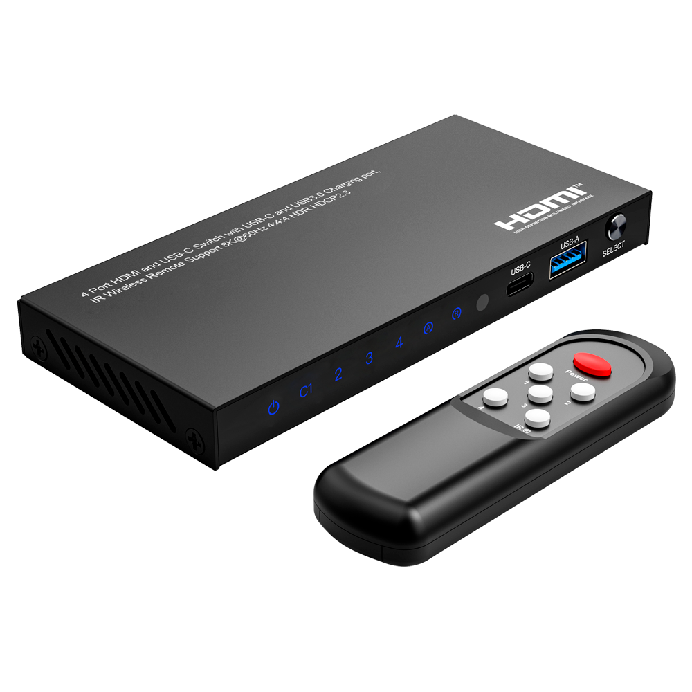 HDMI Switch - 3 Entradas HDMI - 1 entrada USB-C - 1 Salida HDMI  - Resolución 8K@60Hz - Control con mando a distancia