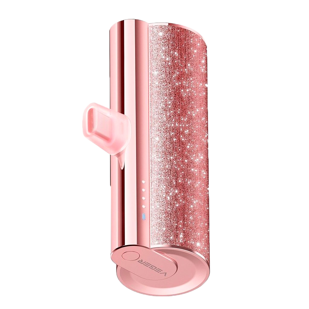 VEGER - Mini Power bank con LEDs de carga - Capacidad 5000mAh - Entrada USB-C, Salidas conector  USB-C, USB-C - Carga 1 dispositivo - Color Rosa metalizado