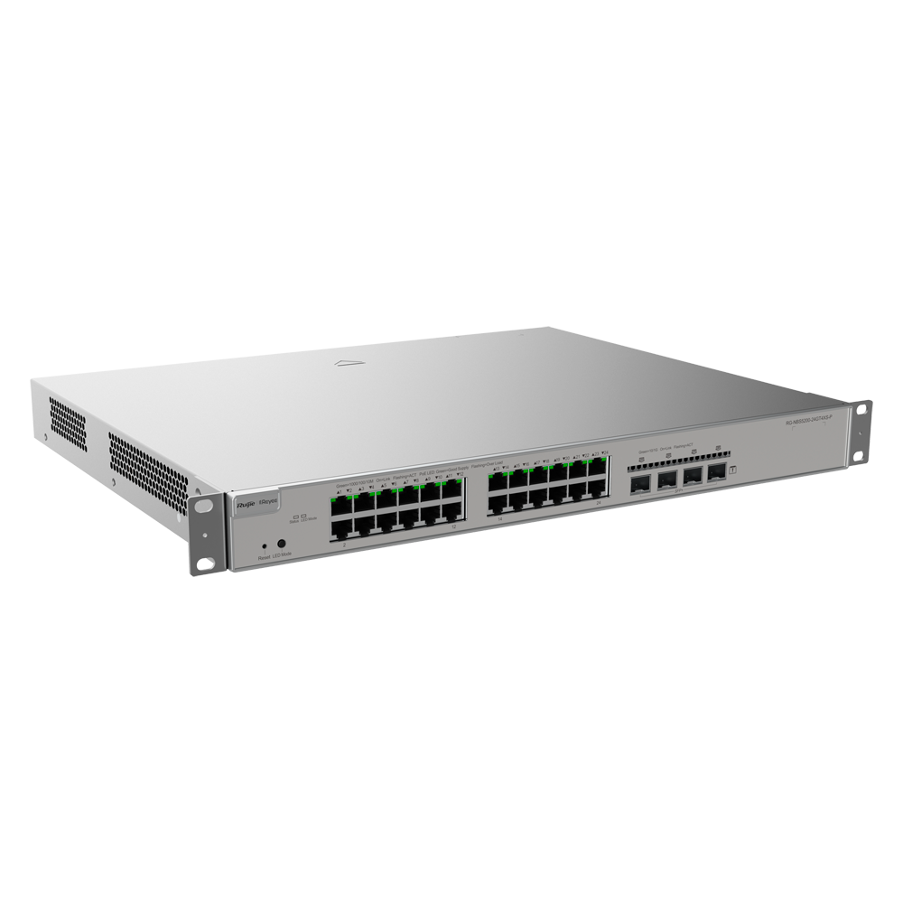 Reyee Switch PoE Cloud Capa 2+ - 24 puertos PoE RJ45 Gigabit + 4 SFP+ 10Gb - 30W vía puerto 802.3af/at / Máximo 370W - LAG estático/DHCP Snoop/IGMP Snoop/Port Mirror - VLAN/Aislamiento de puertos/STP/RSTP/ ACL/QoS: servidor DHCP/rutas estáticas